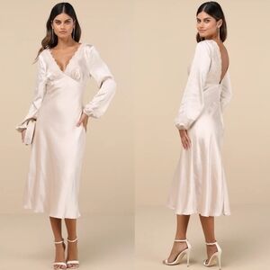 Lulus Illustrious Elegance Champagne Satin Long Sleeve Midi Dress Wedding Party
